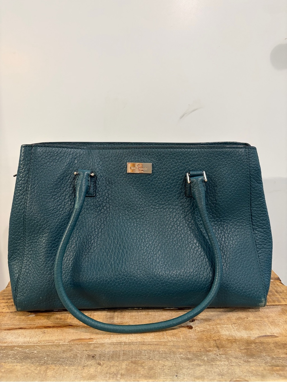 kate spade Teal Pebbled Leather Satchel with Gold Plaque